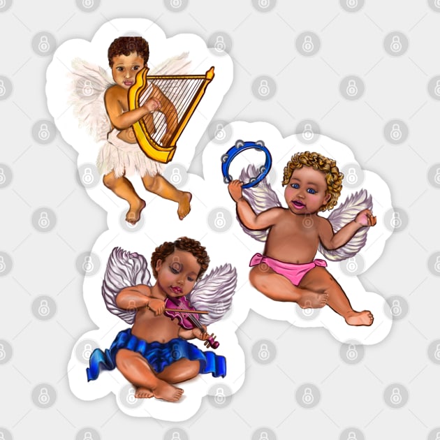 Orchestra of Curly haired Angels playing the tambourine, violin and harp - blissful Sun kissed curly haired Baby cherub angel classical art Sticker by Artonmytee